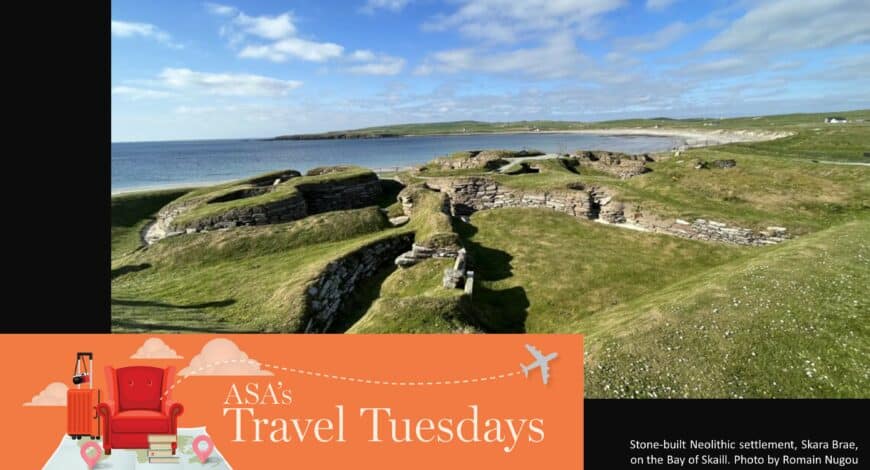 Stone-built Neolithic settlement, Skara Brae, on the Bay of Skaill.