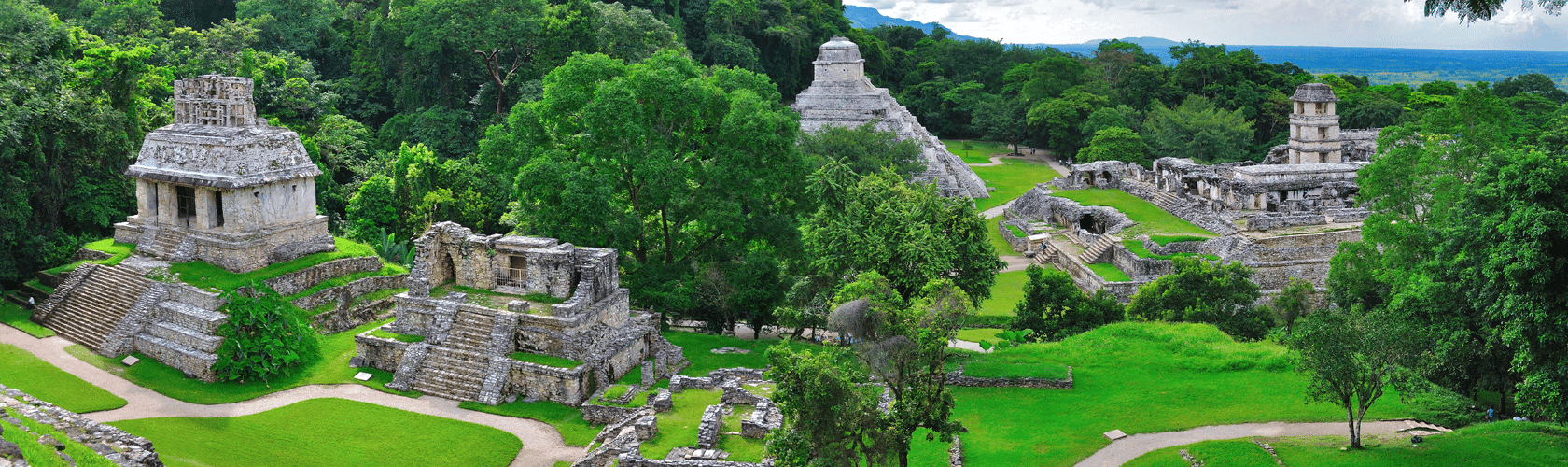 A panoramic view of the ancient Maya temples of Palenque, Mexico.