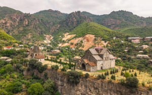 Aerial view of Akhtala Monastery-Fortress in Armenia.