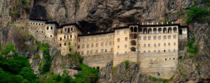 The Sümela Monastery as seen from across the narrow Altındere valley that it is located in, south of Trabzon in Eastern Türkiye.