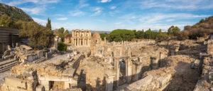 Library of Celsus, Curetes street and other famous ruins in Ephesos, UNESCO World Heritage site, Türkiye.